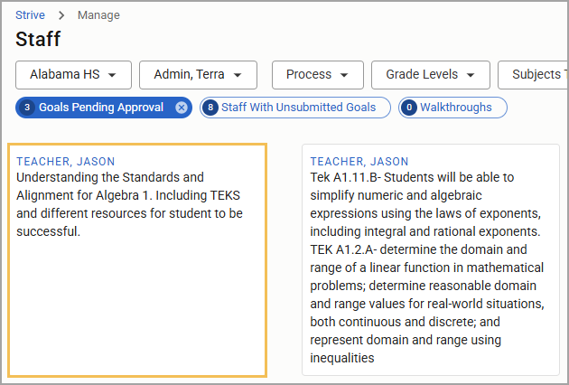 Selecting a pending goal to review and approve.